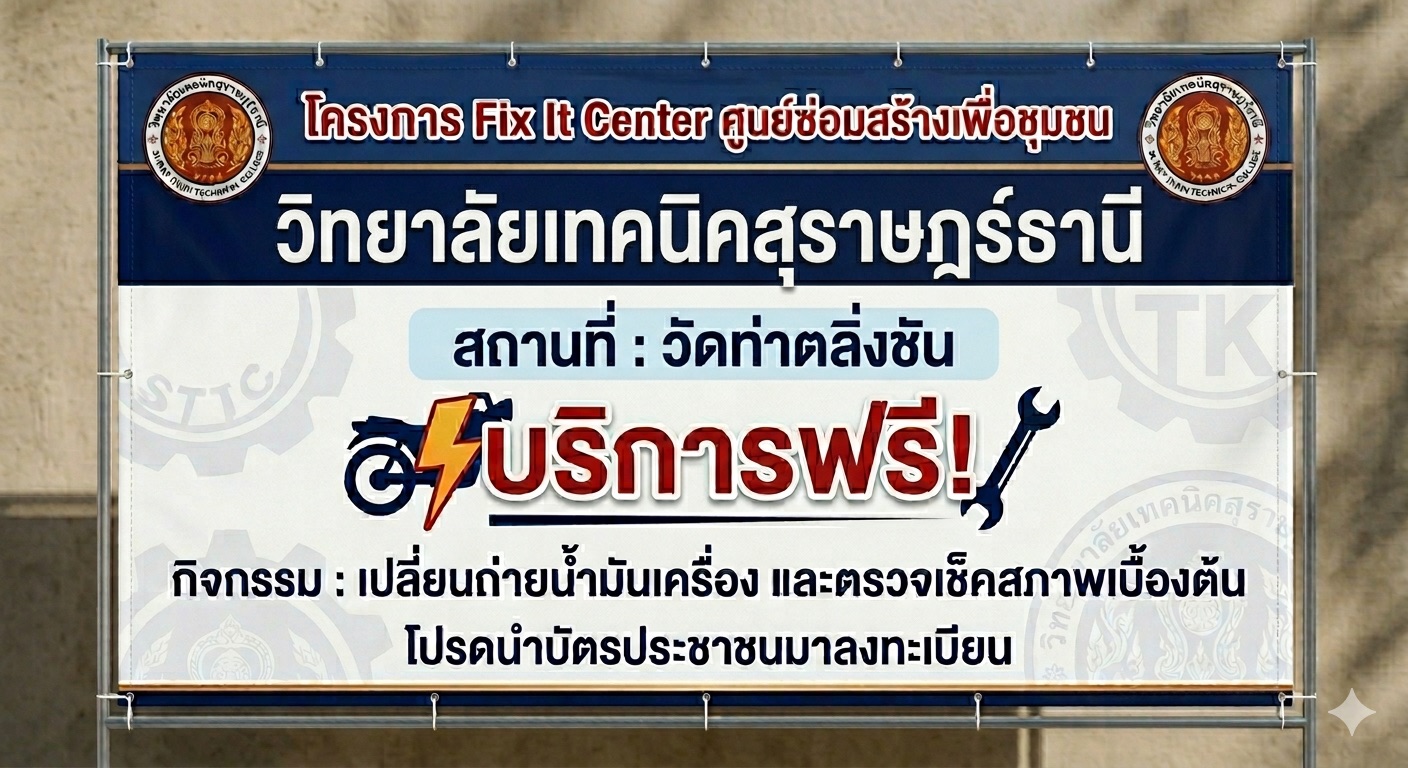 📢วิทยาลัยเทคนิคสุราษฎร์ธานี ร่วมกับองค์การบริหารส่วนตำบลท่าข้าม จัดโครงการ fix it วิทยาลัยเทคนิคสุราษฎร์ธานี จะออกไปให้บริการเปลี่ยนถ่ายน้ำมันเครื่อง และตรวจเช็คสภาพทั่วไปให้กับประชาชนในตำบลท่าข้าม จำนวน 50 คัน จะไปให้บริการในวันเสาร์ ที่ 27 มิถุนายน 2569 
เวลา 09:00 น. - 12:00 น.
สถานที่ให้บริการ : วัดท่าตลิ่งชัน 
โปรดให้นำบัตรประชาชนมาลงทะเบียนในวันดังกล่าวเพื่อรับบัตรคิว 
📌บริการฟรี💥